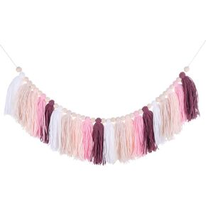 MECCANIXITY Bohemian Yarn Tassel Garland with Wood Beads,3.9Ft Brown Terracotta Fall Wall Hanging Tassels Banner Western Room Decor for Bedroom Office Nursery Classroom Party Decorations