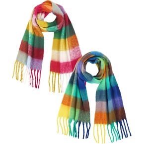 2 قطعة وشاح منقوشة مكتنزة الدافئة منقوشة وشاح الشتاء الكبير وشاح ملون المتضخم بطانية شال شرابة لينة خريف شتاء للنساء in Kuwait