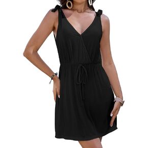 Bsubseach Swimsuit Coverup Dress Women V Neck Sleeveless Beach Dresses Knot Shoulder Swimwear Cover Ups Mini Dress