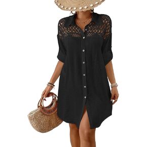 Bsubseach Womens Swimsuit Coverup Button Down Shirt Dresses Hollow Out Crochet Long Sleeve Cover Ups Swimwear