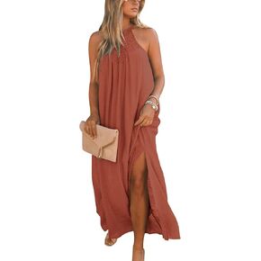 FARORO Sleeveless Long Dress for Women Boho Halter Maxi Sundress Casual Loose Dresses Split Cover Up Gown with Pockets in Kuwait