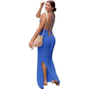 Hollow Out Knit Bodycon Backless Crochet Maxi Dress Sexy Bathing Suit Cover up Split Long Beach Long Dresses