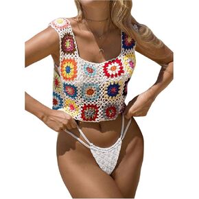 SHENHE Women's Sheer Floral Crochet Square Neck Sleeveless Cover Up Tank Crop Tops