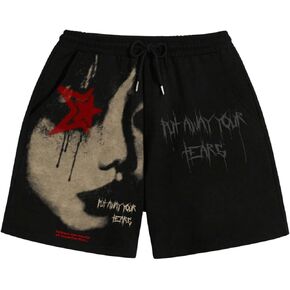 WDIRARA Men's Graphic Print Drawstring Elastic Waist Shorts Summer Street Mini Shorts with Pockets
