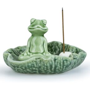 Incense Holder, Handmade Ceramic Frog Incense Burner, 4.5 Inch Insence-Stick Holder Ash Catcher, for Meditation Yoga Incense Burning Fragrance Decoration Household (Dark Green)