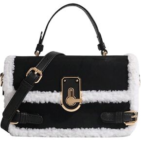 QWINEE Women's Faux Wool Top Handle Crossbody Bag Fuzzy Tote Bag Flap Handbag Faux Fur Bag Furry Purse