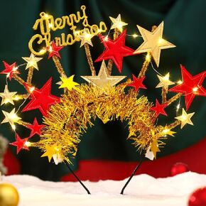 Urieo Christmas Star Light up Headband Gold Glitter Ribbon Headbands with LED Lights Costume Party Hair band for Women