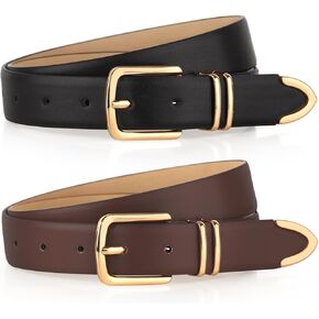 Monoluxe Pack 2 Women Belts for Ladies Jeans Pants with Fashion Faux Leather Gold Buckle