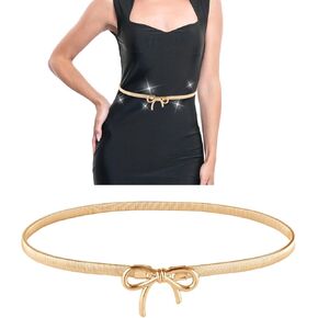 Skinny Metal Waist Belt for Women, Adjustable Elastic Waistband Stretchy Thin Belt With Bow-Knot for Dresses Jeans