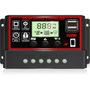 [Upgraded] 30A Solar Charge Controller, Black Solar Panel Battery Intelligent Regulator with Dual USB Port 12V/24V PWM Auto Paremeter Adjustable LCD Display (30a)