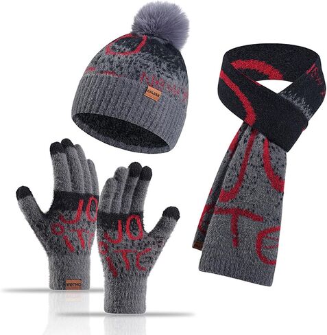 3Pcs Winter Beanie Hat Scarf Gloves Set for Womens Men Letter Warm Knit Ski Cap Touchscreen Mittens Couples Matching Outfit in Saudi Arabia