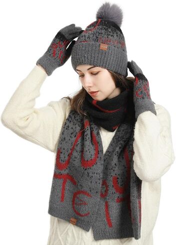 3Pcs Winter Beanie Hat Scarf Gloves Set for Womens Men Letter Warm Knit Ski Cap Touchscreen Mittens Couples Matching Outfit in Saudi Arabia