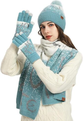 3Pcs Winter Beanie Hat Scarf Gloves Set for Womens Men Letter Warm Knit Ski Cap Touchscreen Mittens Couples Matching Outfit in Saudi Arabia