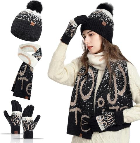3Pcs Winter Beanie Hat Scarf Gloves Set for Womens Men Letter Warm Knit Ski Cap Touchscreen Mittens Couples Matching Outfit in Saudi Arabia