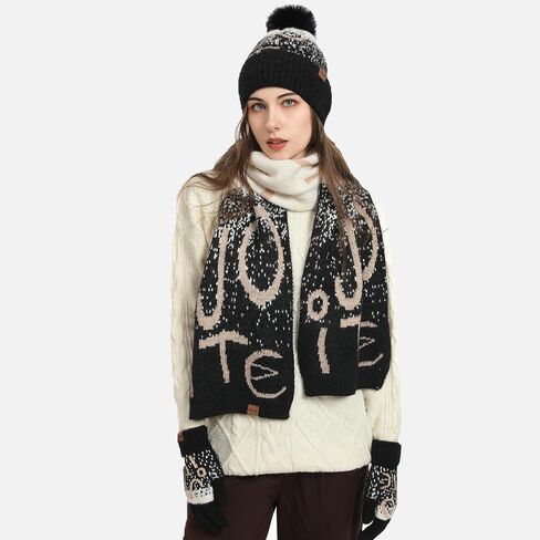 3Pcs Winter Beanie Hat Scarf Gloves Set for Womens Men Letter Warm Knit Ski Cap Touchscreen Mittens Couples Matching Outfit in Saudi Arabia