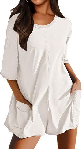 Rompers for Women Casual Oversized Tee Romper Back V Neck Half Sleeve Athletic Workout jumpsuits With Pockets in Saudi Arabia