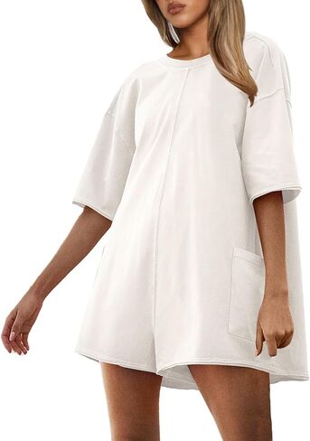 Rompers for Women Casual Oversized Tee Romper Back V Neck Half Sleeve Athletic Workout jumpsuits With Pockets in Saudi Arabia
