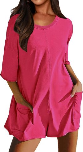 Rompers for Women Casual Oversized Tee Romper Back V Neck Half Sleeve Athletic Workout jumpsuits With Pockets in Saudi Arabia