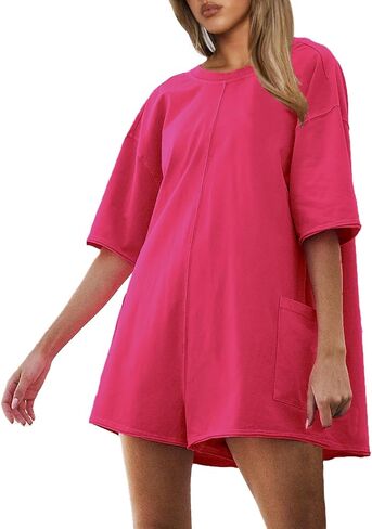 Rompers for Women Casual Oversized Tee Romper Back V Neck Half Sleeve Athletic Workout jumpsuits With Pockets in Saudi Arabia