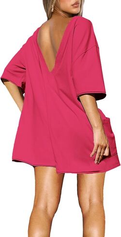 Rompers for Women Casual Oversized Tee Romper Back V Neck Half Sleeve Athletic Workout jumpsuits With Pockets in Saudi Arabia