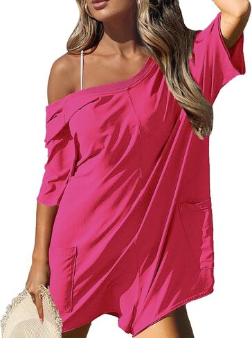 Rompers for Women Casual Oversized Tee Romper Back V Neck Half Sleeve Athletic Workout jumpsuits With Pockets in Saudi Arabia