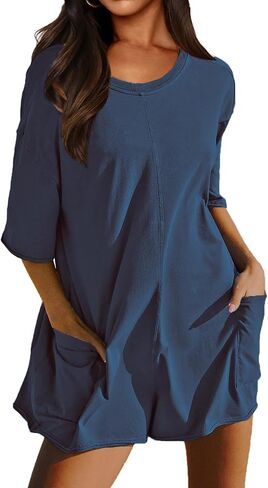 Rompers for Women Casual Oversized Tee Romper Back V Neck Half Sleeve Athletic Workout jumpsuits With Pockets in Saudi Arabia