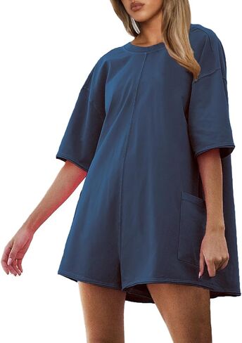 Rompers for Women Casual Oversized Tee Romper Back V Neck Half Sleeve Athletic Workout jumpsuits With Pockets in Saudi Arabia