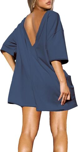 Rompers for Women Casual Oversized Tee Romper Back V Neck Half Sleeve Athletic Workout jumpsuits With Pockets in Saudi Arabia