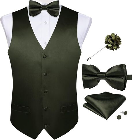 DiBanGu Mens Paisley Suit Waistcoat,Silk Dress Vest and Bowtie Pocket Square Cufflinks with Lapel Pin Set for Wedding Tuxedo in Kuwait