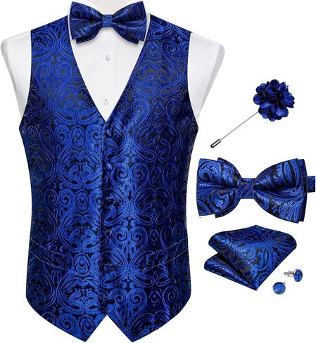 DiBanGu Mens Paisley Suit Waistcoat,Silk Dress Vest and Bowtie Pocket Square Cufflinks with Lapel Pin Set for Wedding Tuxedo in Kuwait