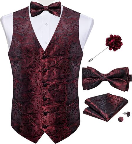 DiBanGu Mens Paisley Suit Waistcoat,Silk Dress Vest and Bowtie Pocket Square Cufflinks with Lapel Pin Set for Wedding Tuxedo in Kuwait