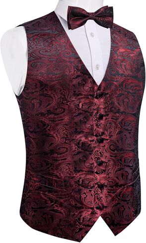 DiBanGu Mens Paisley Suit Waistcoat,Silk Dress Vest and Bowtie Pocket Square Cufflinks with Lapel Pin Set for Wedding Tuxedo in Kuwait