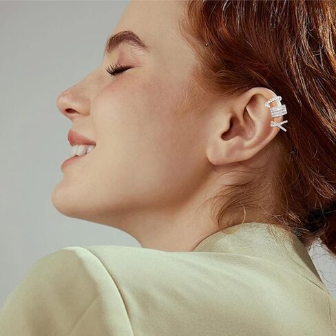 كليب على أقراط الأذن الكفة 925 الفضة الاسترليني الأصفاد الأذن غير ثقب وهمية هوب القرط الأصفاد الغضروف التفاف الكفة أقراط زركونيا مكعب تألق جولة حلقات الأذن Huggie للنساء in Kuwait
