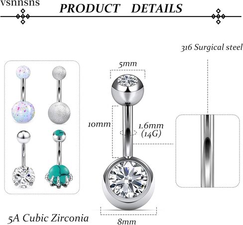 Vsnnsns البطن زر حلقة استرخى حلقات البطن 14G الفولاذ المقاوم للصدأ الجراحية عكس زر البطن ثقب القلب تشيكوسلوفاكيا زهرة حلقات البطن المتدلية البطن زر حلقة السرة ثقب المجوهرات للنساء in Kuwait