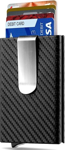 MOSIYEEF Minimalist Stealth Wallet for Men - Pop Up Men Wallet with Money Clip - Leather-wrapped Slim Compact Card Holder Carbon Fiber Card Wallet RFID Protection for 6 Credit Cards - Gifts for Him in Saudi Arabia