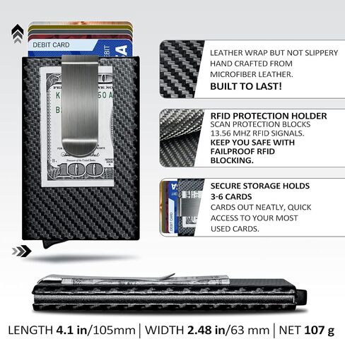 MOSIYEEF Minimalist Stealth Wallet for Men - Pop Up Men Wallet with Money Clip - Leather-wrapped Slim Compact Card Holder Carbon Fiber Card Wallet RFID Protection for 6 Credit Cards - Gifts for Him in Saudi Arabia