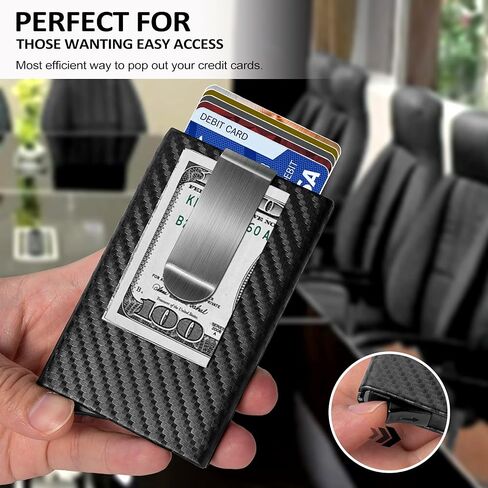 MOSIYEEF Minimalist Stealth Wallet for Men - Pop Up Men Wallet with Money Clip - Leather-wrapped Slim Compact Card Holder Carbon Fiber Card Wallet RFID Protection for 6 Credit Cards - Gifts for Him in Saudi Arabia