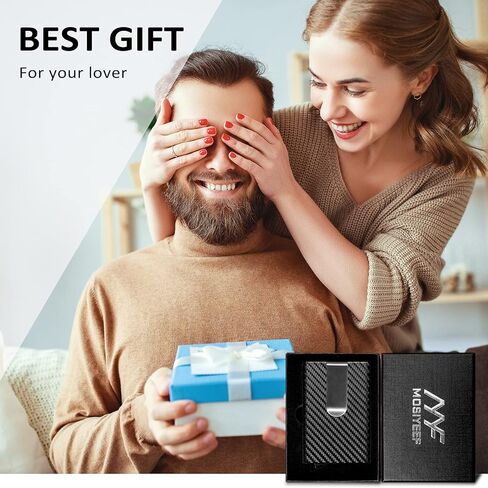 MOSIYEEF Minimalist Stealth Wallet for Men - Pop Up Men Wallet with Money Clip - Leather-wrapped Slim Compact Card Holder Carbon Fiber Card Wallet RFID Protection for 6 Credit Cards - Gifts for Him in Saudi Arabia