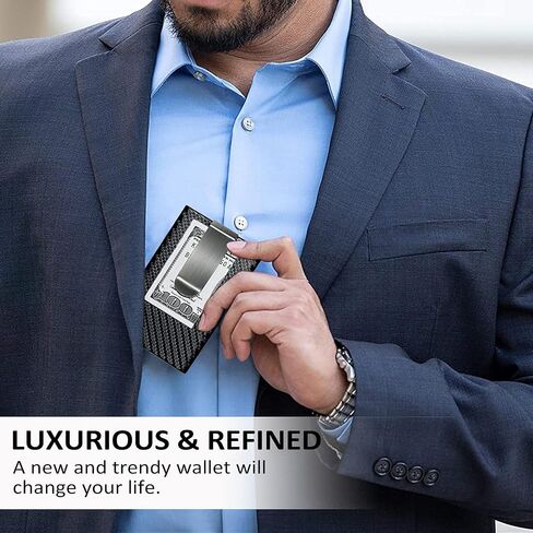 MOSIYEEF Minimalist Stealth Wallet for Men - Pop Up Men Wallet with Money Clip - Leather-wrapped Slim Compact Card Holder Carbon Fiber Card Wallet RFID Protection for 6 Credit Cards - Gifts for Him in Saudi Arabia