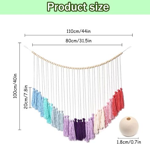 Boho Chic[ Multicolour] Macrame Wall Decor[ Large Tassel Hanging with Wood Beads] Ideal for Bedroom, Living Room, Girls' Room & Nursery [44" Wide x 40" High] in Saudi Arabia