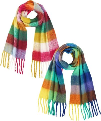 2 قطعة وشاح منقوشة مكتنزة الدافئة منقوشة وشاح الشتاء الكبير وشاح ملون المتضخم بطانية شال شرابة لينة خريف شتاء للنساء in Kuwait