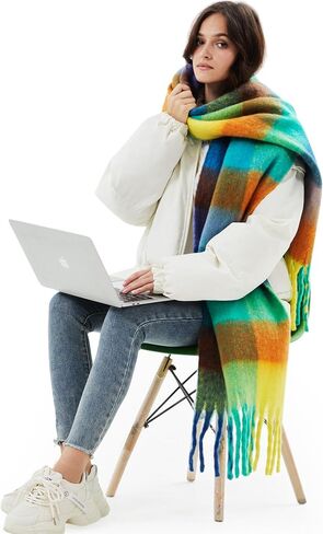 2 قطعة وشاح منقوشة مكتنزة الدافئة منقوشة وشاح الشتاء الكبير وشاح ملون المتضخم بطانية شال شرابة لينة خريف شتاء للنساء in Kuwait