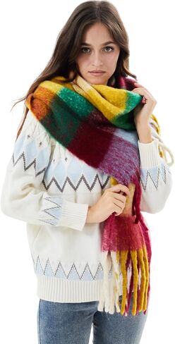 2 قطعة وشاح منقوشة مكتنزة الدافئة منقوشة وشاح الشتاء الكبير وشاح ملون المتضخم بطانية شال شرابة لينة خريف شتاء للنساء in Kuwait