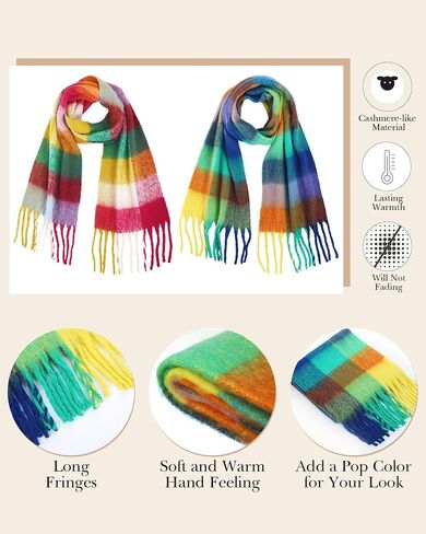 2 قطعة وشاح منقوشة مكتنزة الدافئة منقوشة وشاح الشتاء الكبير وشاح ملون المتضخم بطانية شال شرابة لينة خريف شتاء للنساء in Kuwait