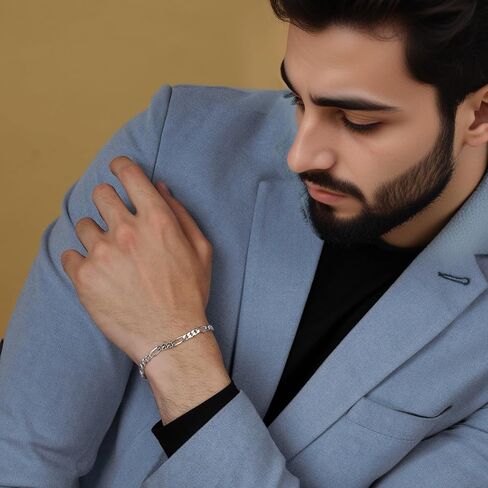 LeCalla Solid 925 Sterling Silver Figaro Link Chain Bracelet | Italian Diamond-Cut Figaro Chain Bracelet for Women Men, Made in Italy (7, 7.5, 8, 8.5, 9 Inches) in Kuwait