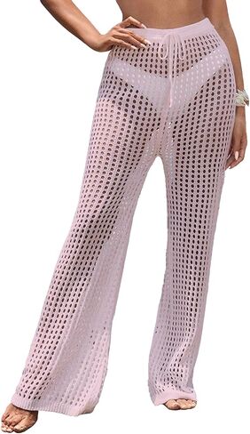 سروال نسائي للتغطية على الشاطئ، سروال مجوف برباط مطاطي عالي الخصر، ثوب سباحة شبكي شفاف وواسع الساق in Kuwait