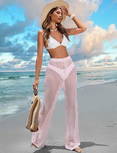 سروال نسائي للتغطية على الشاطئ، سروال مجوف برباط مطاطي عالي الخصر، ثوب سباحة شبكي شفاف وواسع الساق in Kuwait