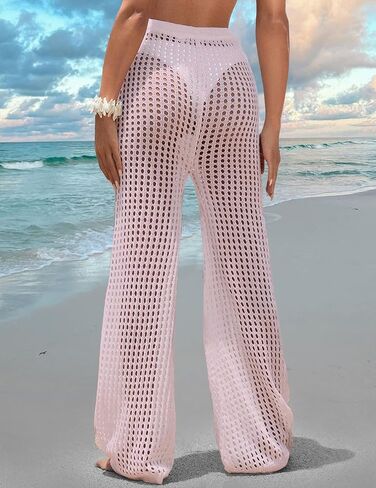 سروال نسائي للتغطية على الشاطئ، سروال مجوف برباط مطاطي عالي الخصر، ثوب سباحة شبكي شفاف وواسع الساق in Kuwait