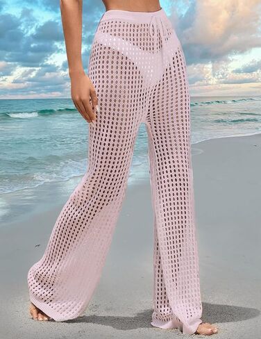 سروال نسائي للتغطية على الشاطئ، سروال مجوف برباط مطاطي عالي الخصر، ثوب سباحة شبكي شفاف وواسع الساق in Kuwait