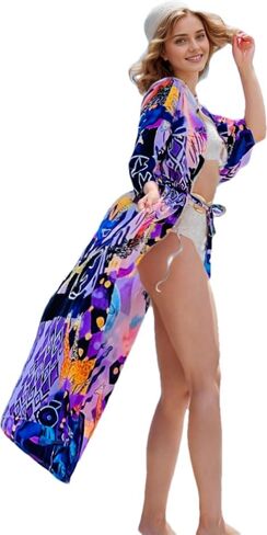 Over Sized Kimonos Women's Geometry Print Rayon Kimonos for Summer Loose Open Front Soft Long Bird in Kuwait